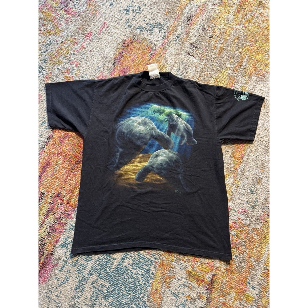 Vintage 90s Wild Wear Manatee T-Shirt Black Large Nature Graphic Tee